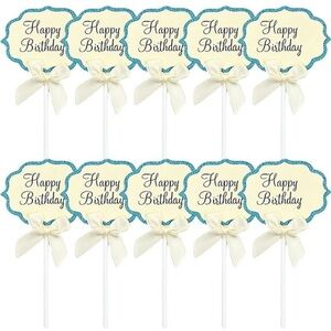 💞 New Pack of 10 Cream & Blue Glitter Happy Birthday Cupcake & Cake Toppers